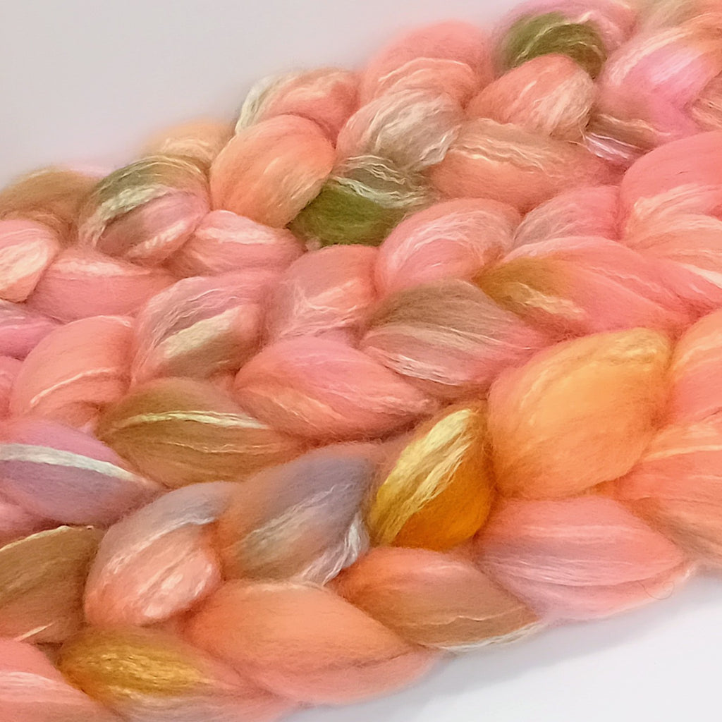 Hand dyed Bfl wool and rose fibre combed top for spinning
