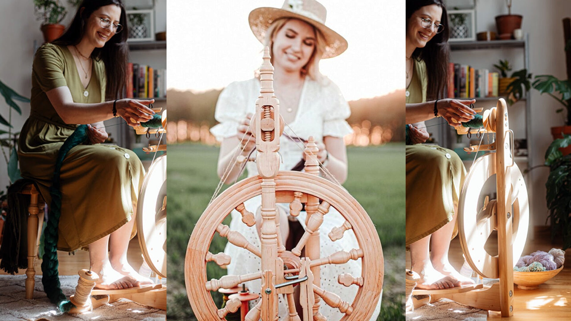 rigid heddle weaving loom and spinning yarn on a wheel
