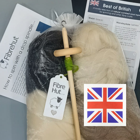 UK drop spindle spinning kit with best of British combed wool top selection bag